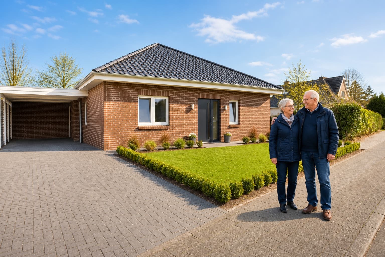 Rentnerpaar vor einem ebenerdigen Bungalow